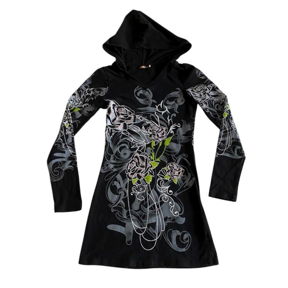 Y2k long sleeve hooded mini dress with rhinestones rose & tribal pattern - Picture 8 of 8